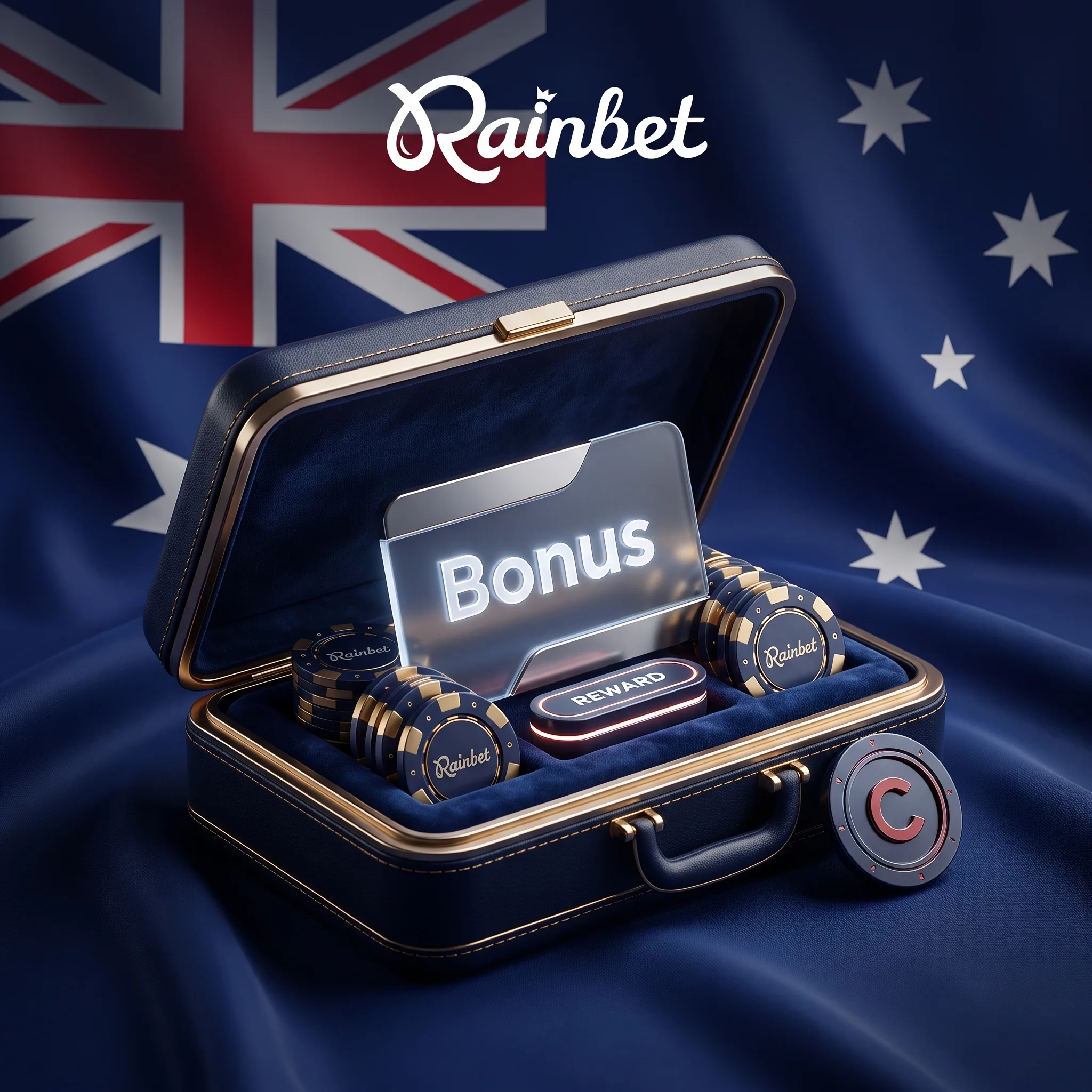 Rainbet bonus rewards case with chips and promotional gifts